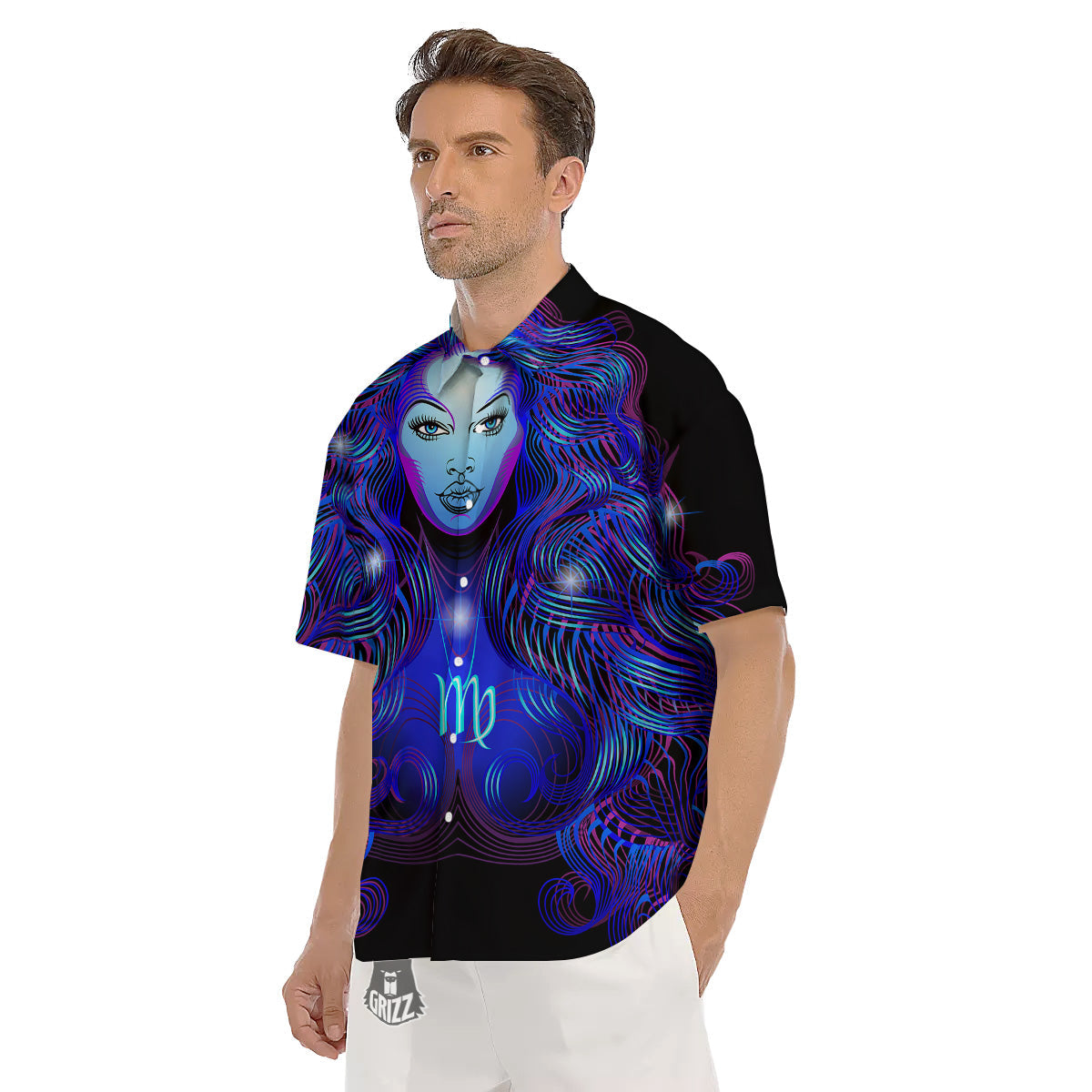 Zodiac Sign Blue Virgo Print Men's Short Sleeve Shirts-grizzshop