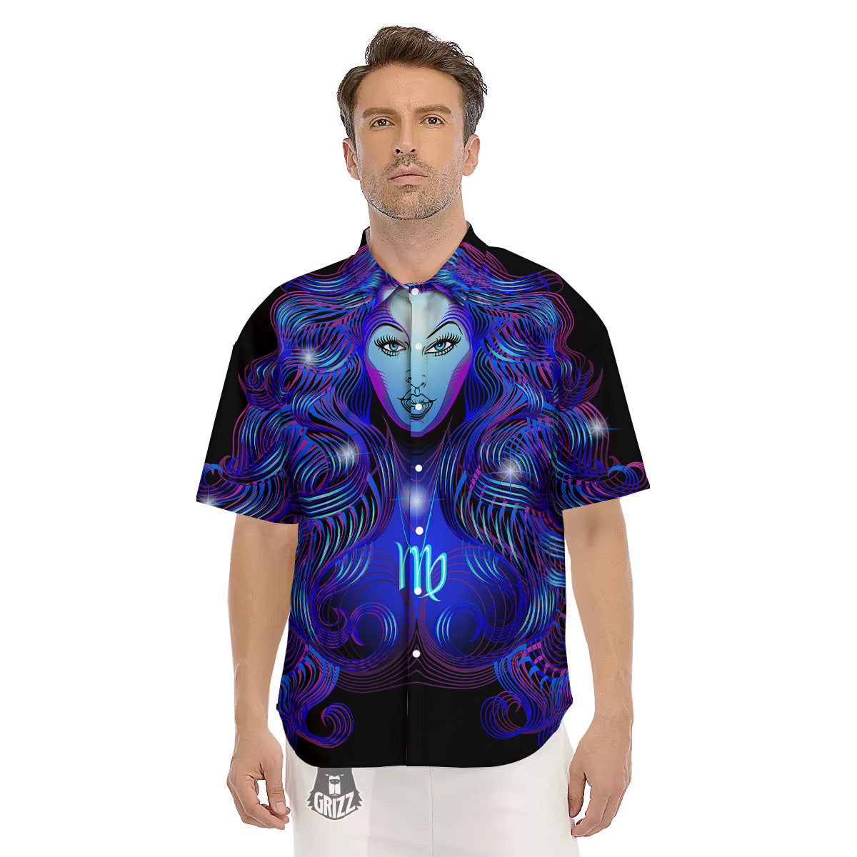 Zodiac Sign Blue Virgo Print Men's Short Sleeve Shirts-grizzshop