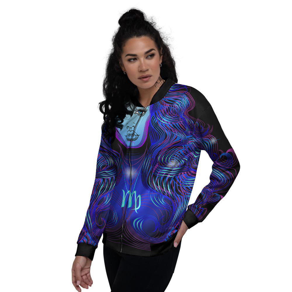 Zodiac Sign Blue Virgo Print Women's Bomber Jacket-grizzshop