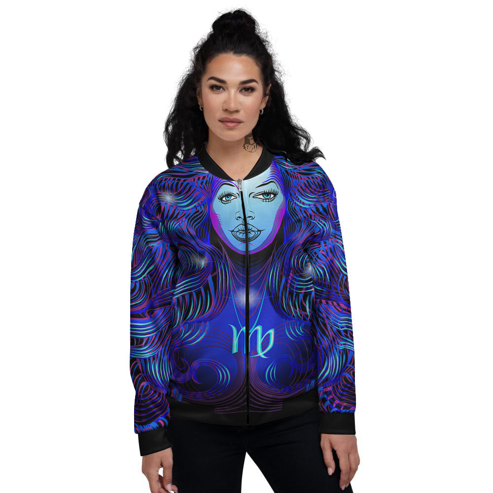 Zodiac Sign Blue Virgo Print Women's Bomber Jacket-grizzshop