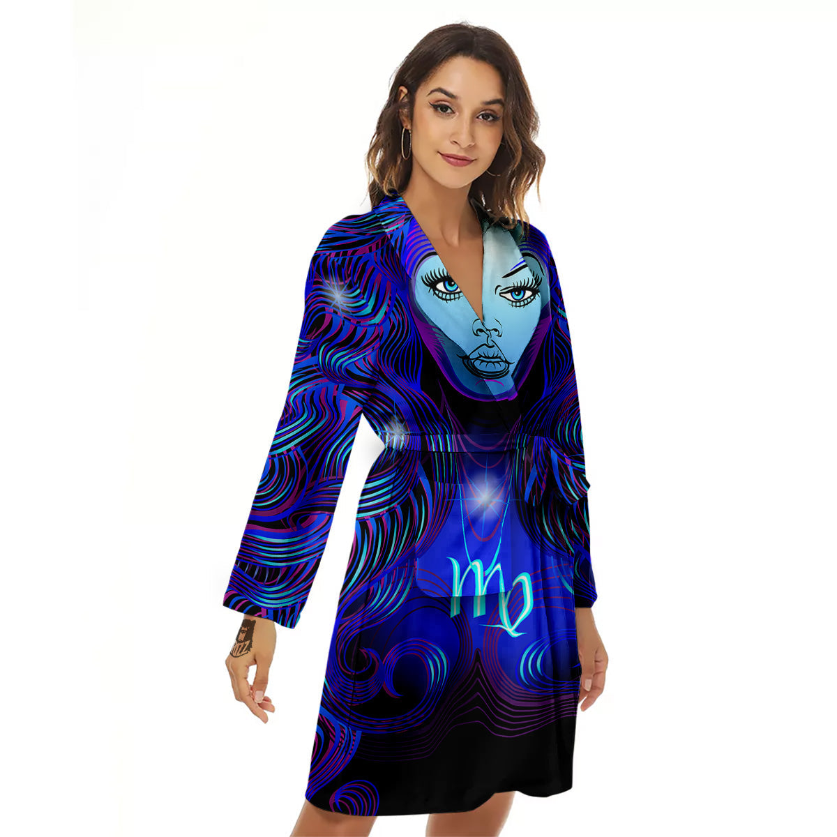 Zodiac Sign Blue Virgo Print Women's Robe-grizzshop