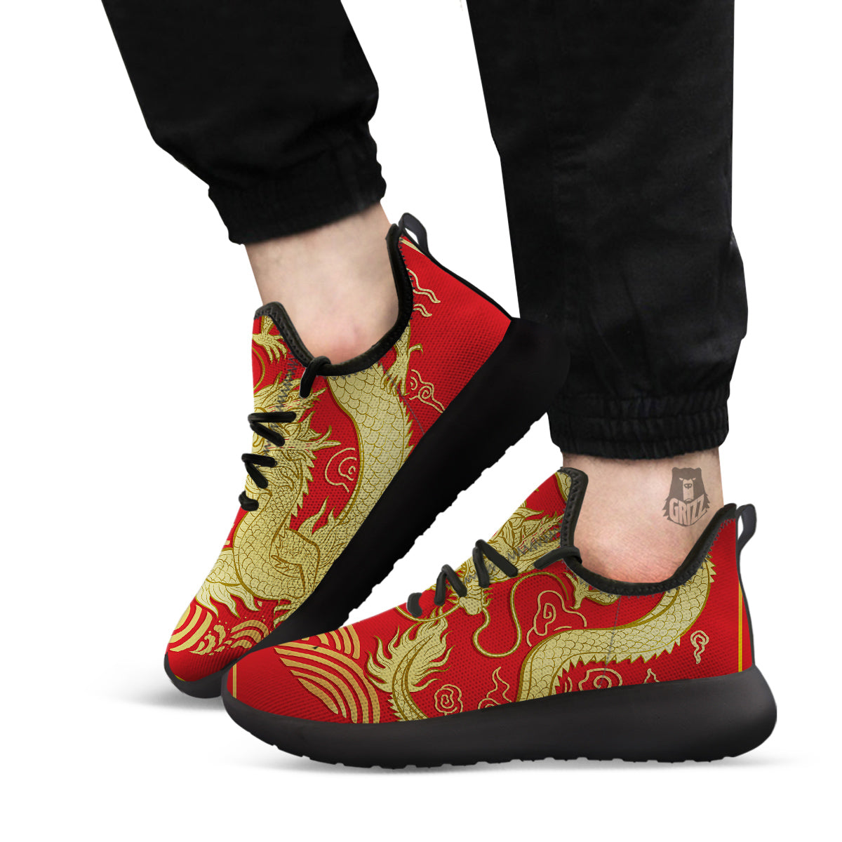 Zodiac Sign Chinese Dragon Print Black Athletic Shoes-grizzshop