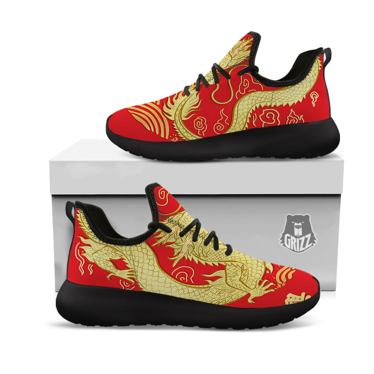 Zodiac Sign Chinese Dragon Print Black Athletic Shoes-grizzshop