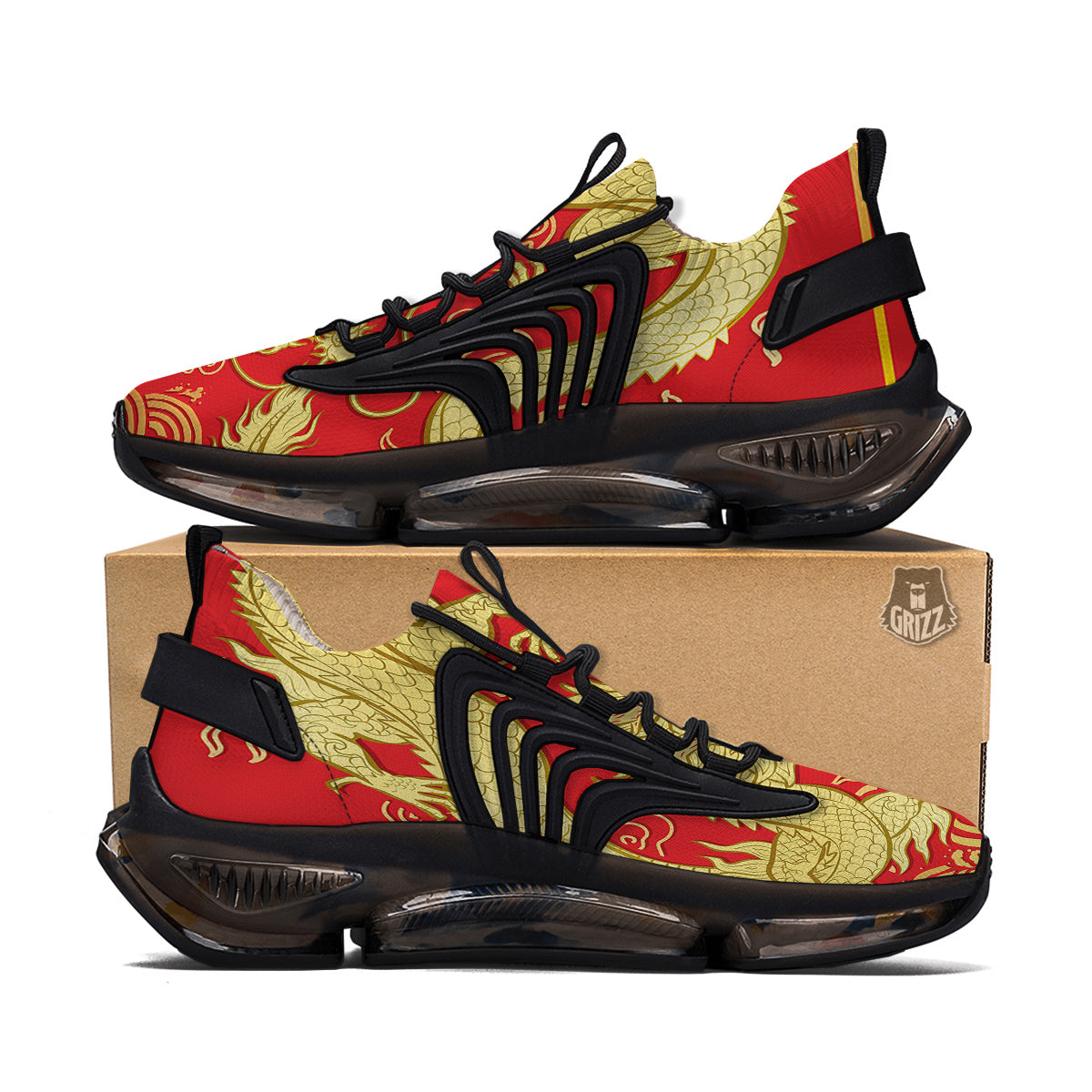 Zodiac Sign Chinese Dragon Print Black Gym Shoes-grizzshop