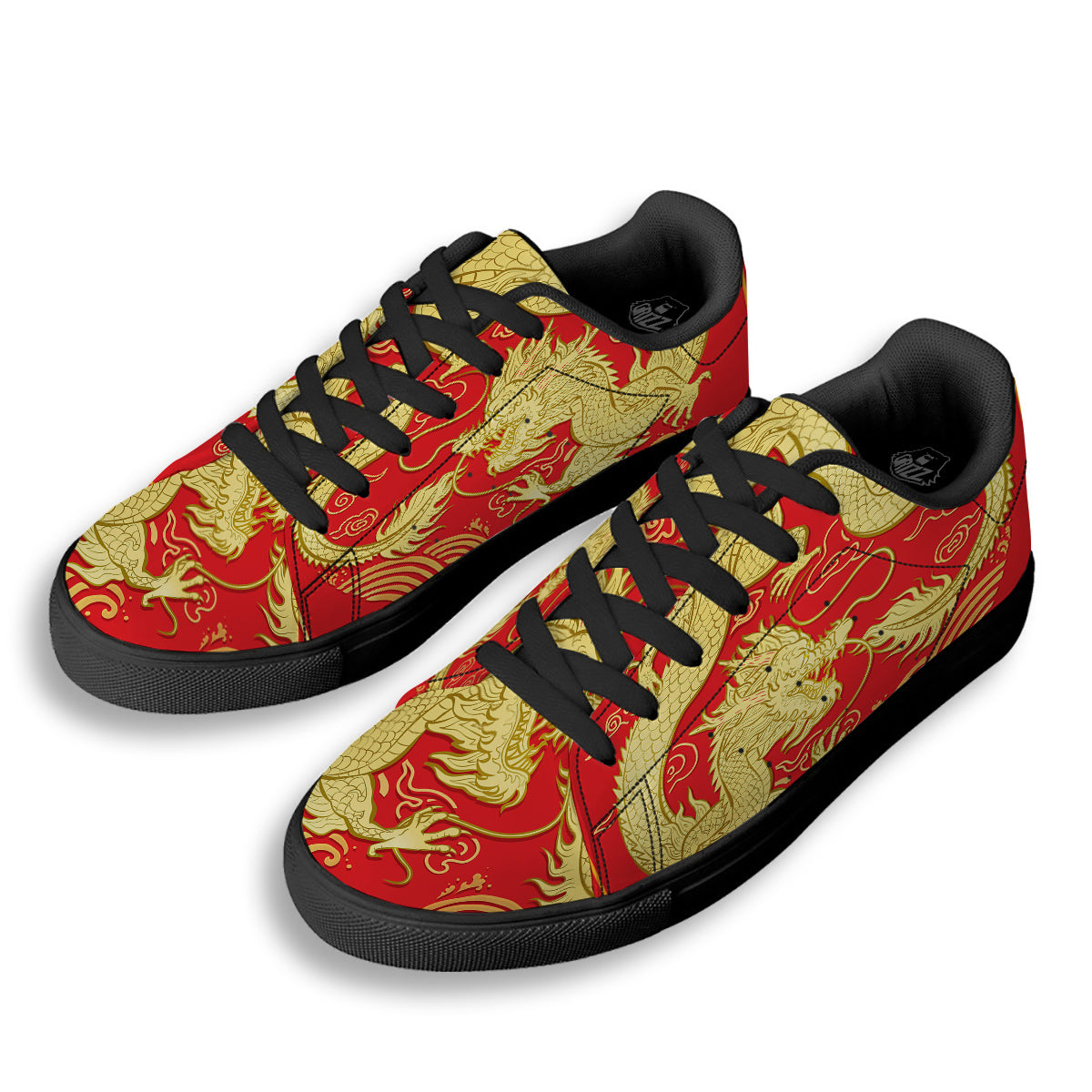 Zodiac Sign Chinese Dragon Print Black Low Top Sneakers-grizzshop