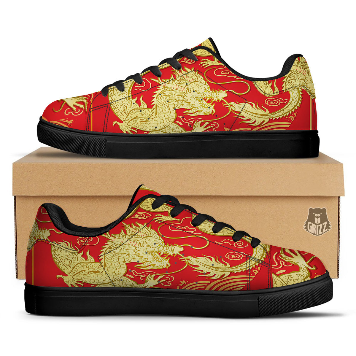 Zodiac Sign Chinese Dragon Print Black Low Top Sneakers-grizzshop