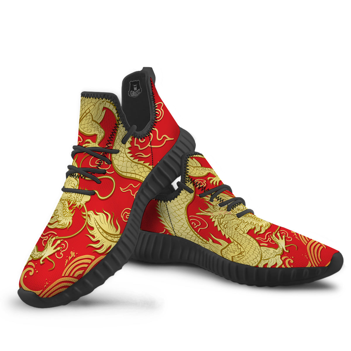 Zodiac Sign Chinese Dragon Print Black Walking Shoes-grizzshop
