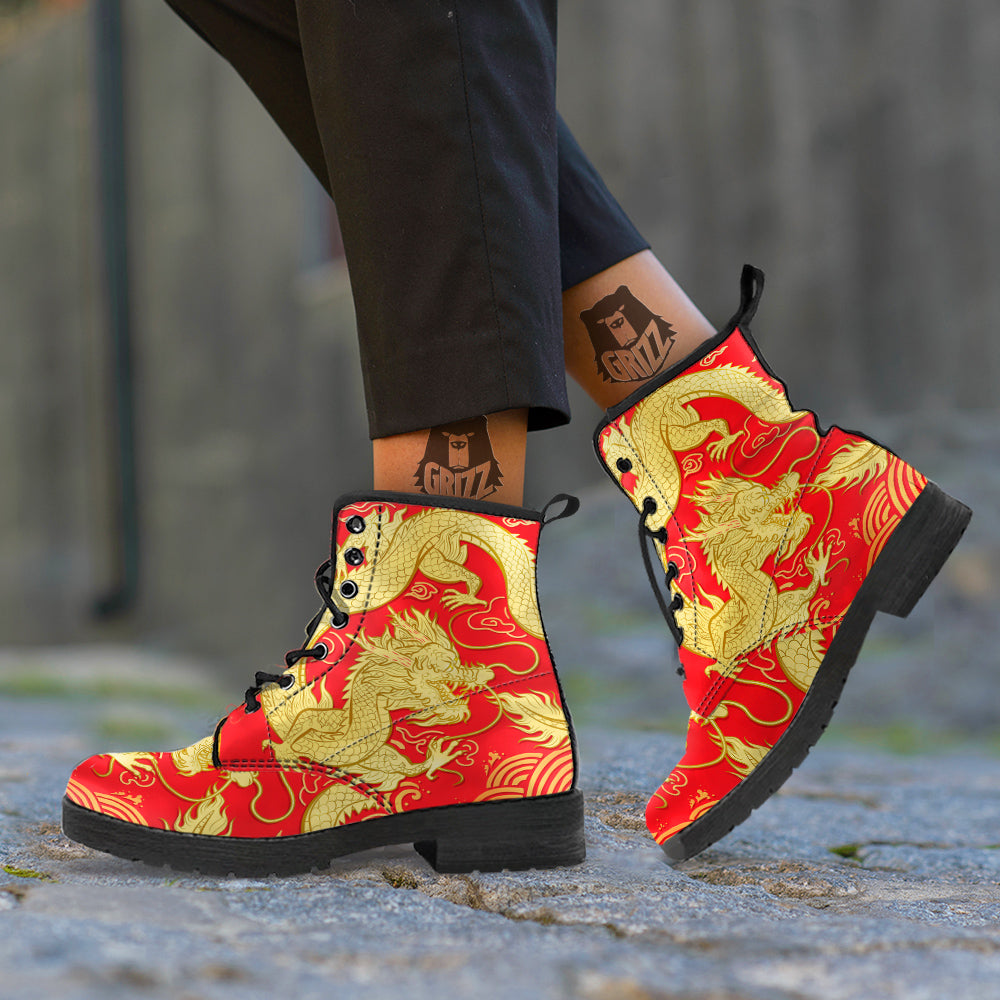 Zodiac Sign Chinese Dragon Print Leather Boots-grizzshop