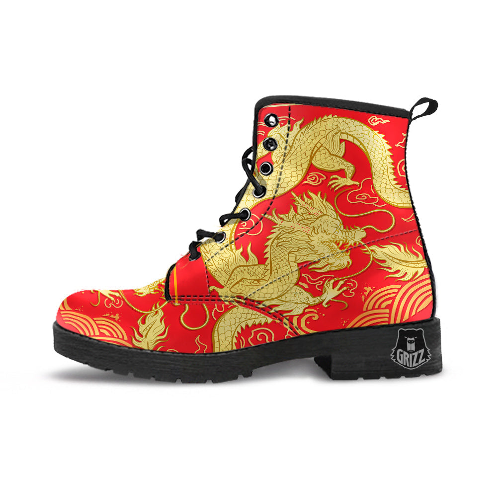 Zodiac Sign Chinese Dragon Print Leather Boots-grizzshop