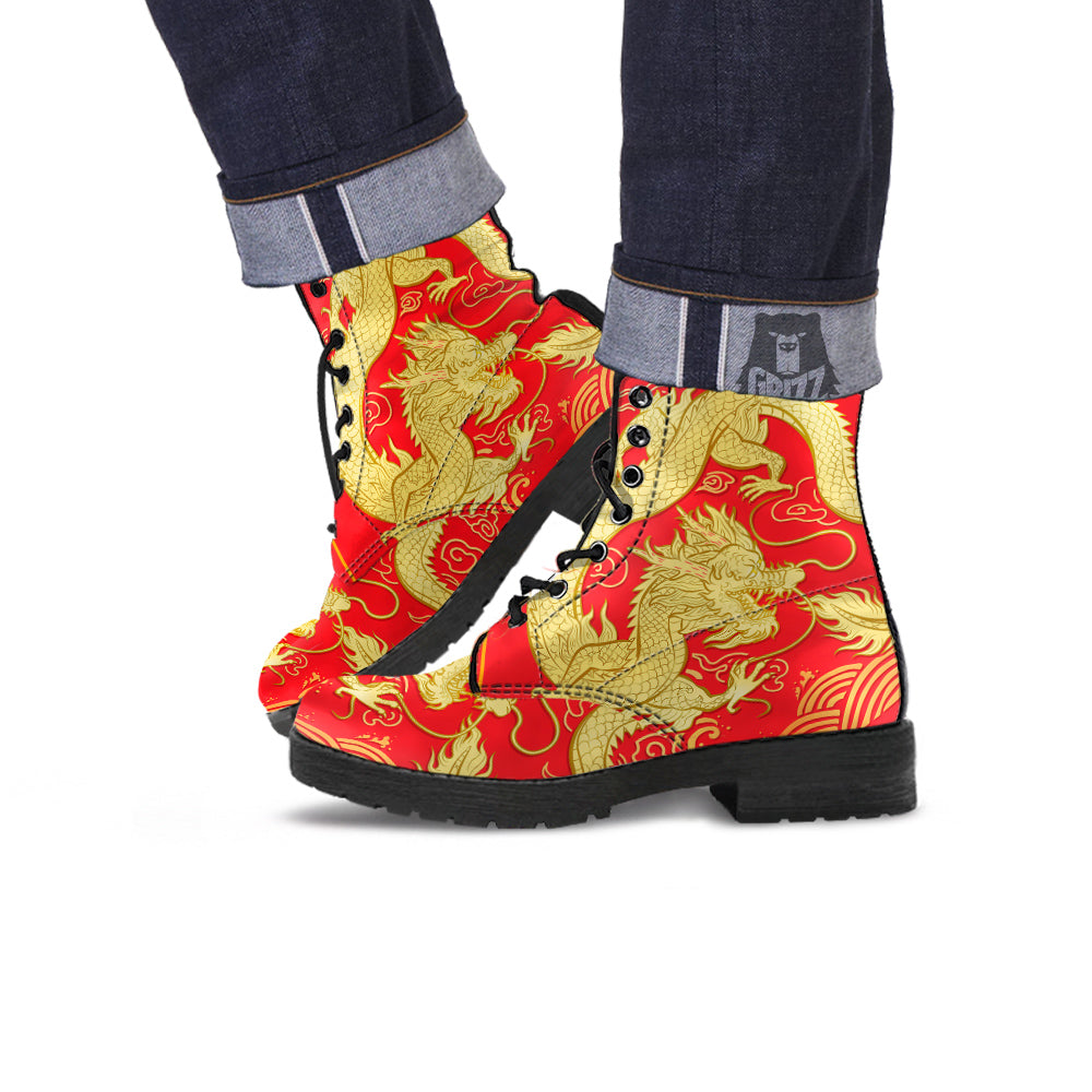 Zodiac Sign Chinese Dragon Print Leather Boots-grizzshop