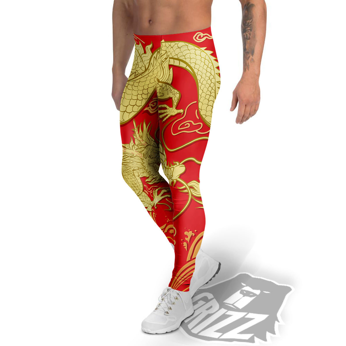 Zodiac Sign Chinese Dragon Print Men's Leggings-grizzshop