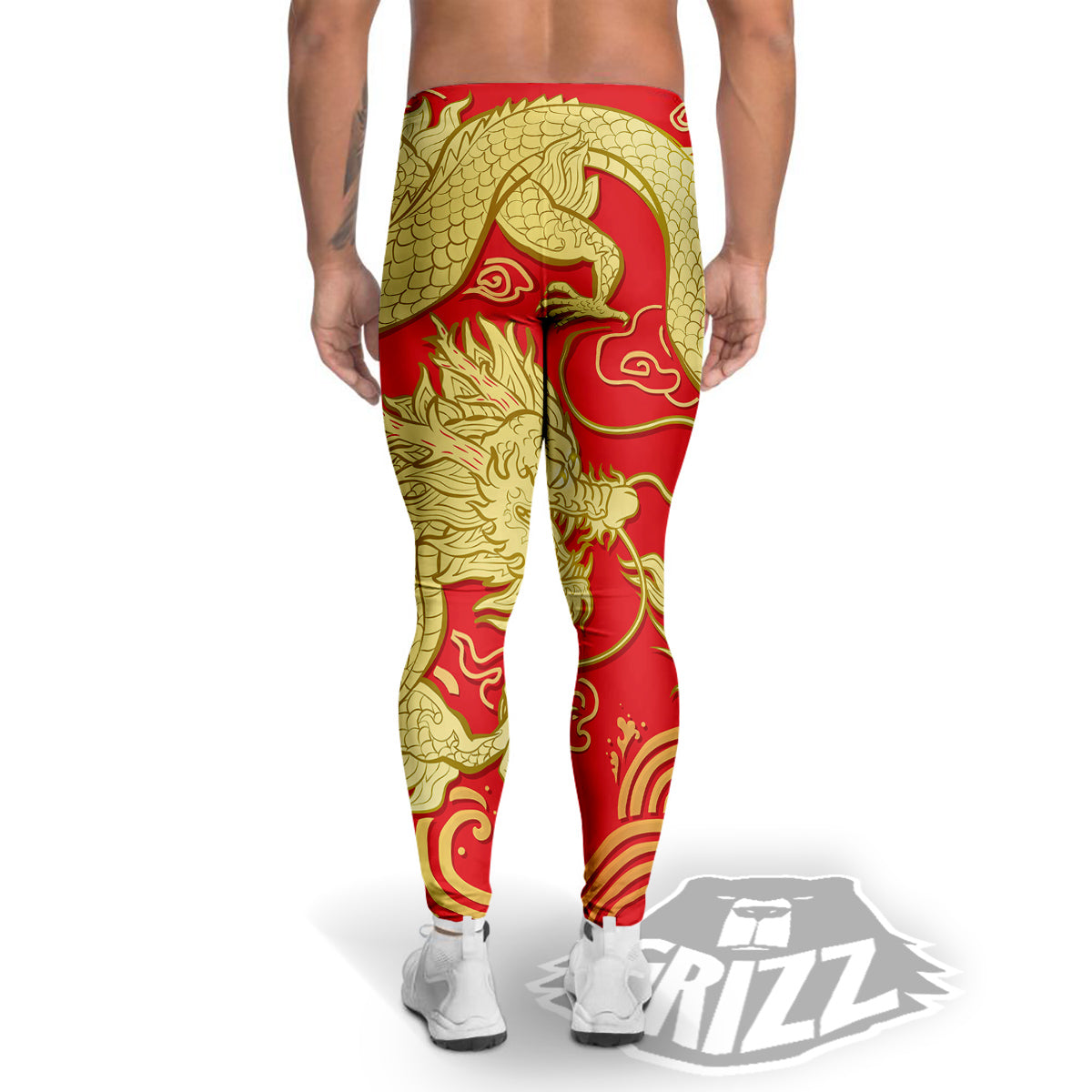 Zodiac Sign Chinese Dragon Print Men's Leggings-grizzshop