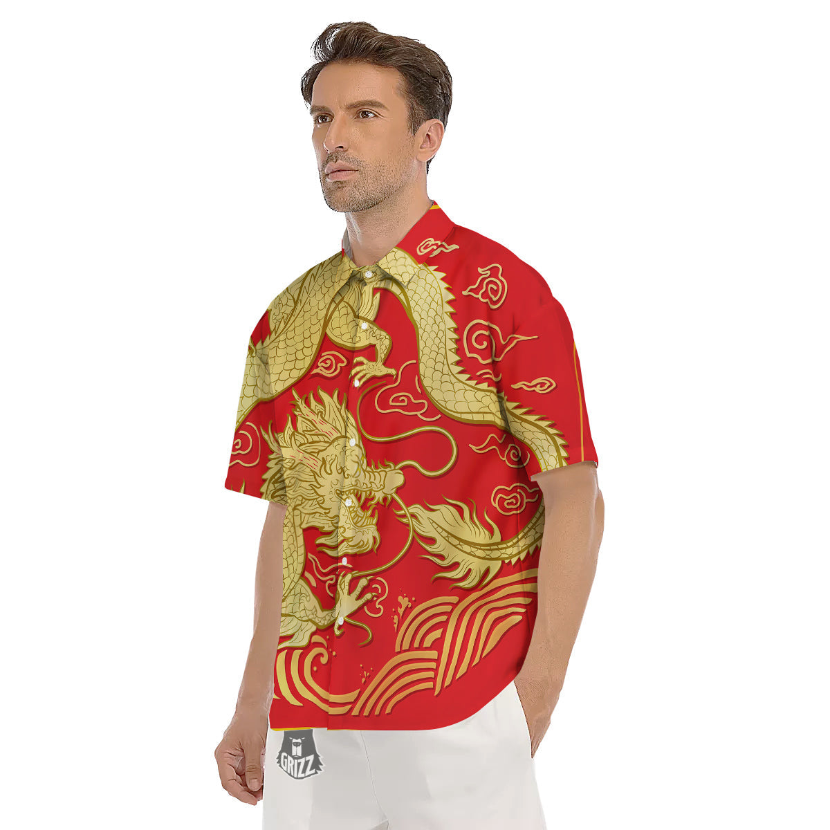 Zodiac Sign Chinese Dragon Print Men's Short Sleeve Shirts-grizzshop