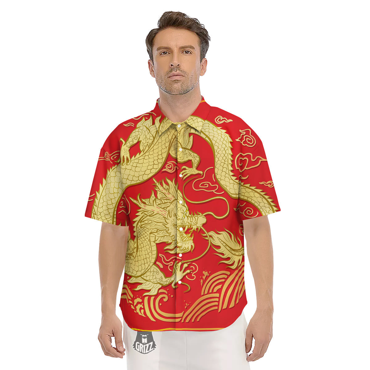 Zodiac Sign Chinese Dragon Print Men's Short Sleeve Shirts-grizzshop