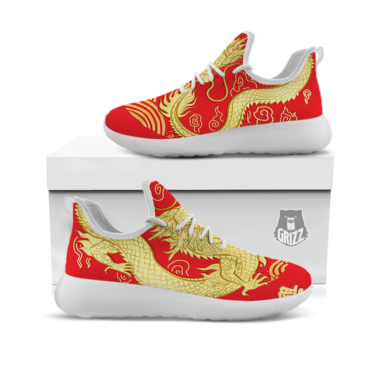 Zodiac Sign Chinese Dragon Print White Athletic Shoes-grizzshop