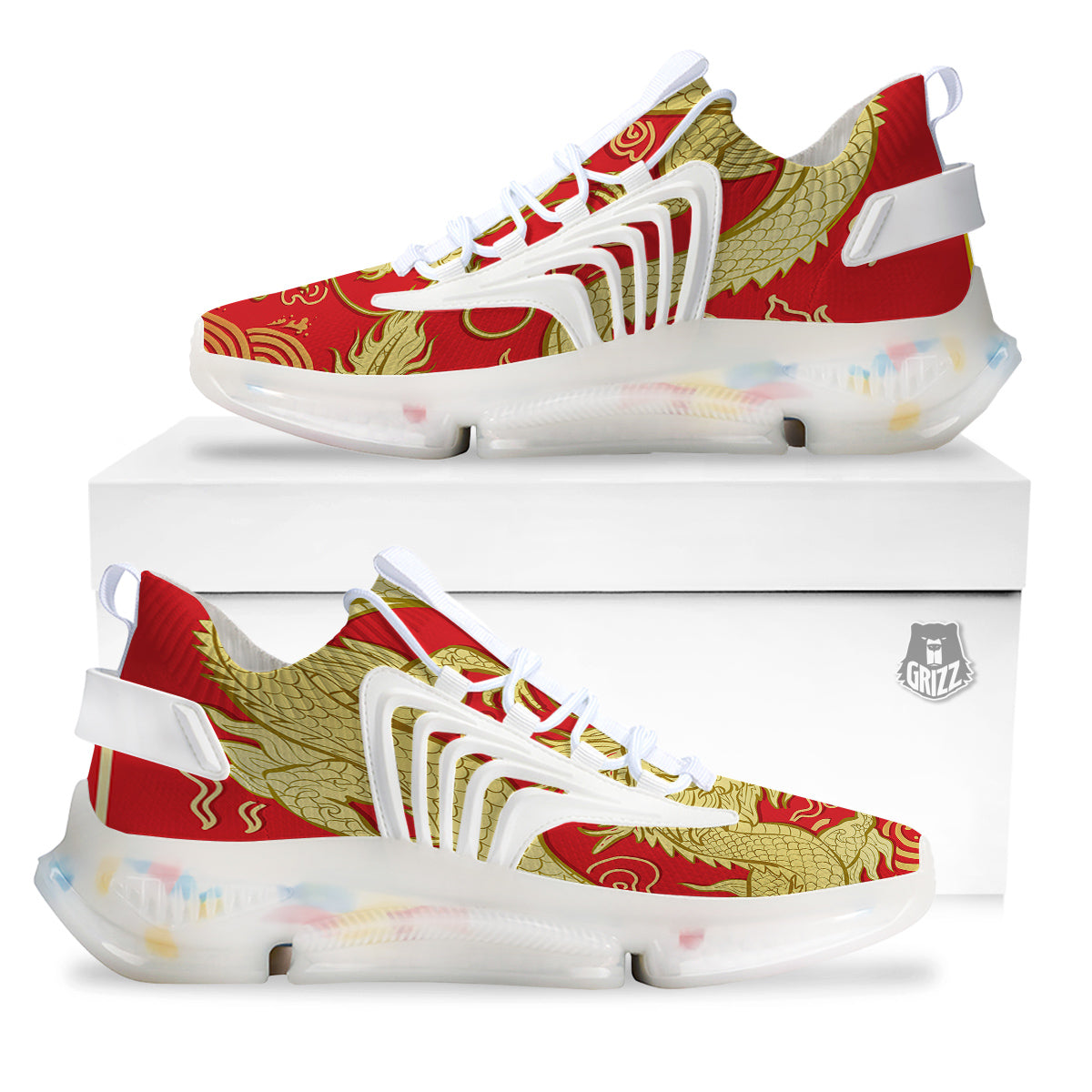 Zodiac Sign Chinese Dragon Print White Gym Shoes-grizzshop