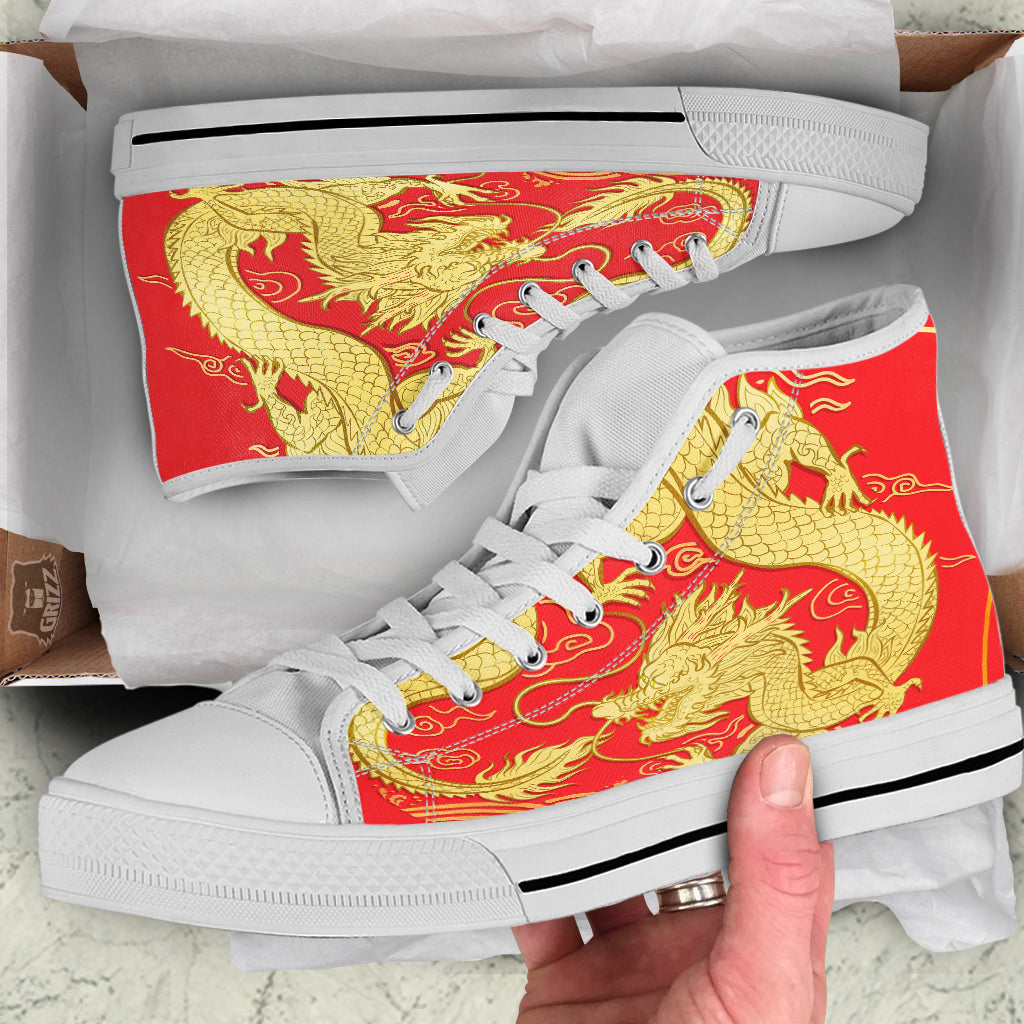 Zodiac Sign Chinese Dragon Print White High Top Shoes-grizzshop