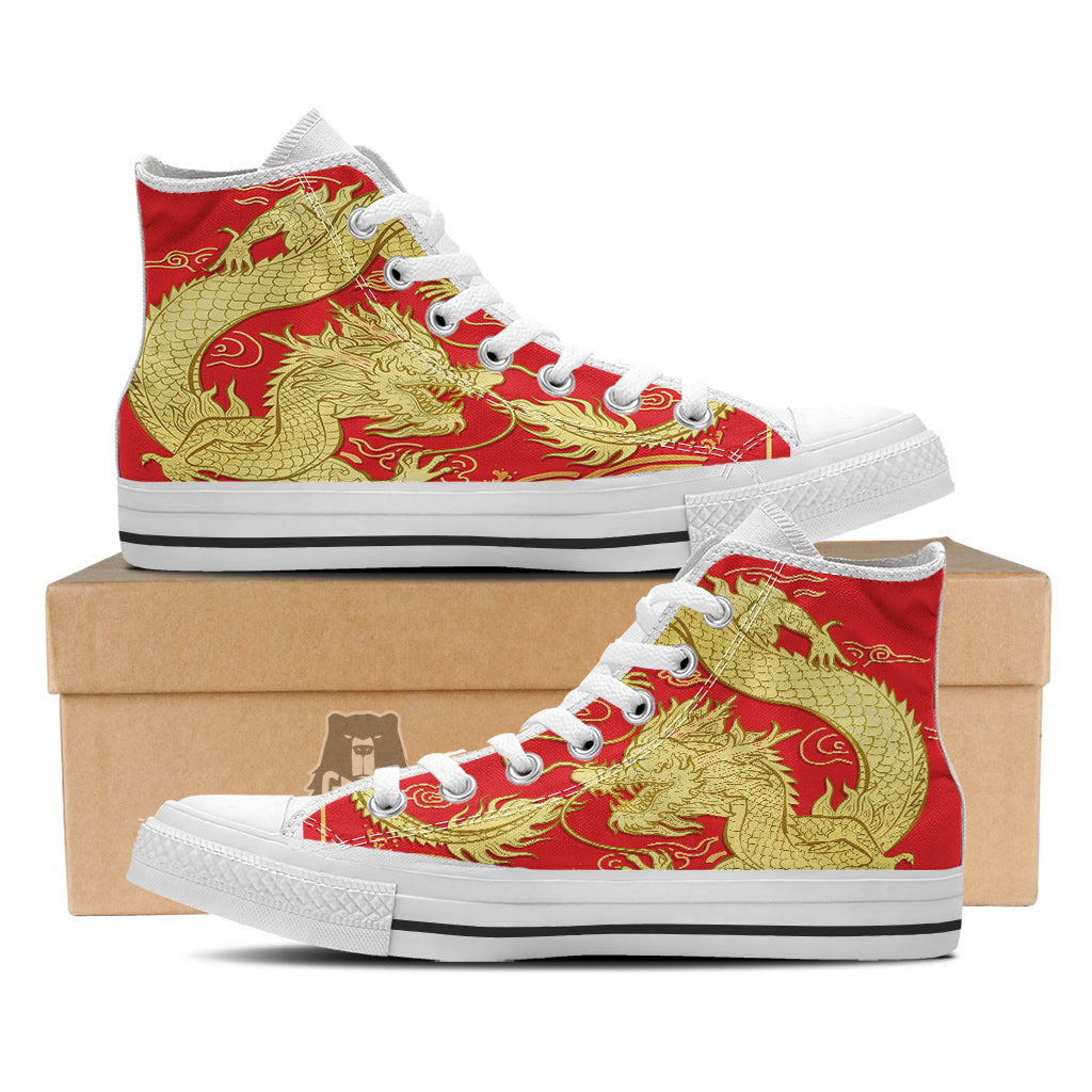Zodiac Sign Chinese Dragon Print White High Top Shoes-grizzshop