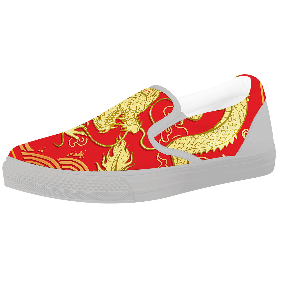 Zodiac Sign Chinese Dragon Print White Slip On Shoes-grizzshop