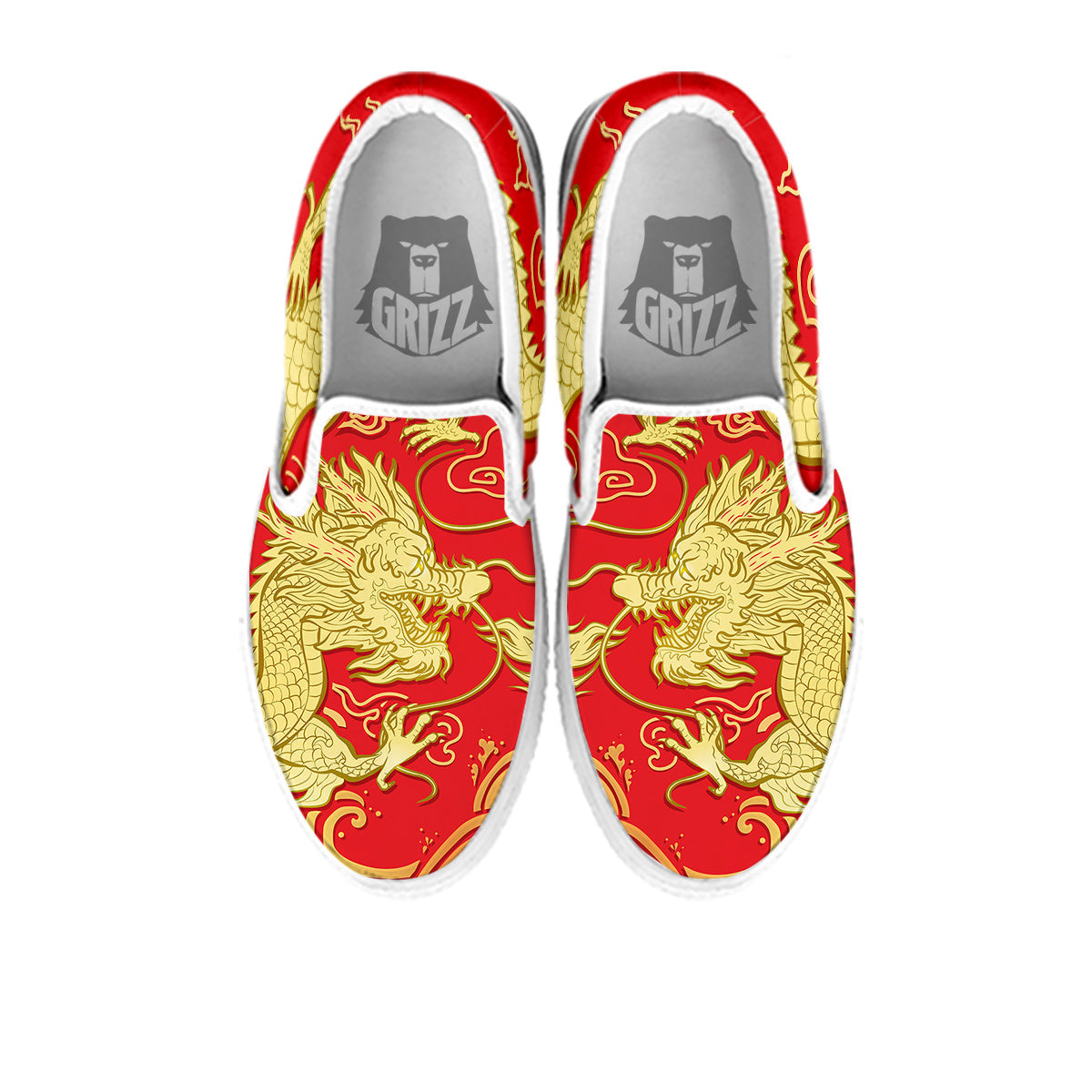 Zodiac Sign Chinese Dragon Print White Slip On Shoes-grizzshop