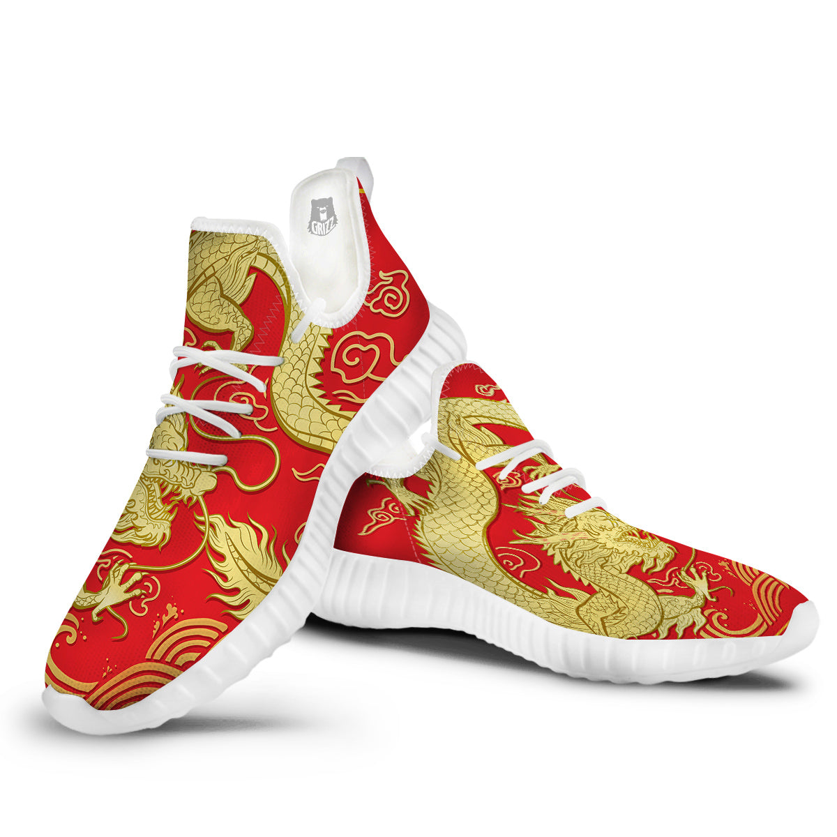 Zodiac Sign Chinese Dragon Print White Walking Shoes-grizzshop