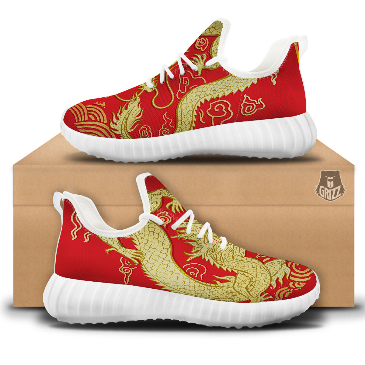 Zodiac Sign Chinese Dragon Print White Walking Shoes-grizzshop
