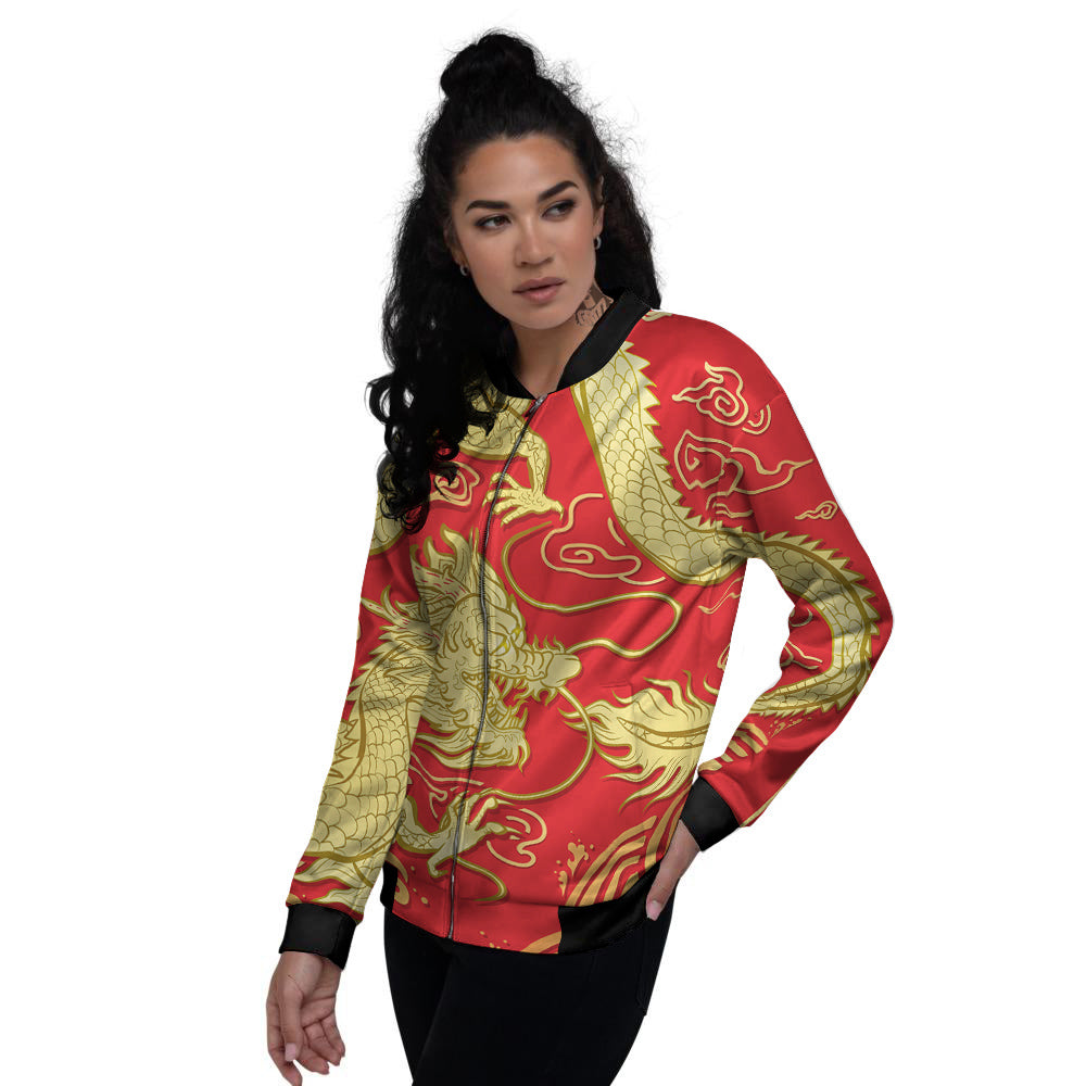 Zodiac Sign Chinese Dragon Print Women's Bomber Jacket-grizzshop