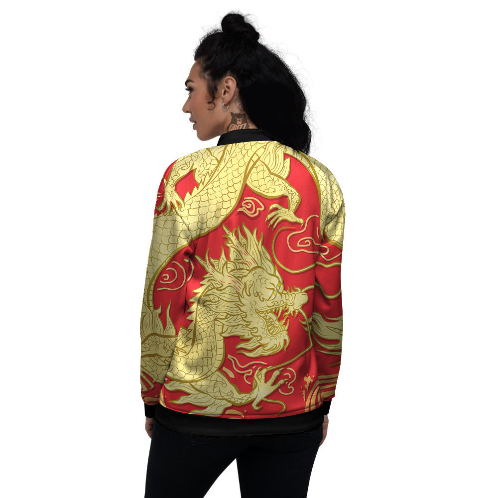 Zodiac Sign Chinese Dragon Print Women's Bomber Jacket-grizzshop