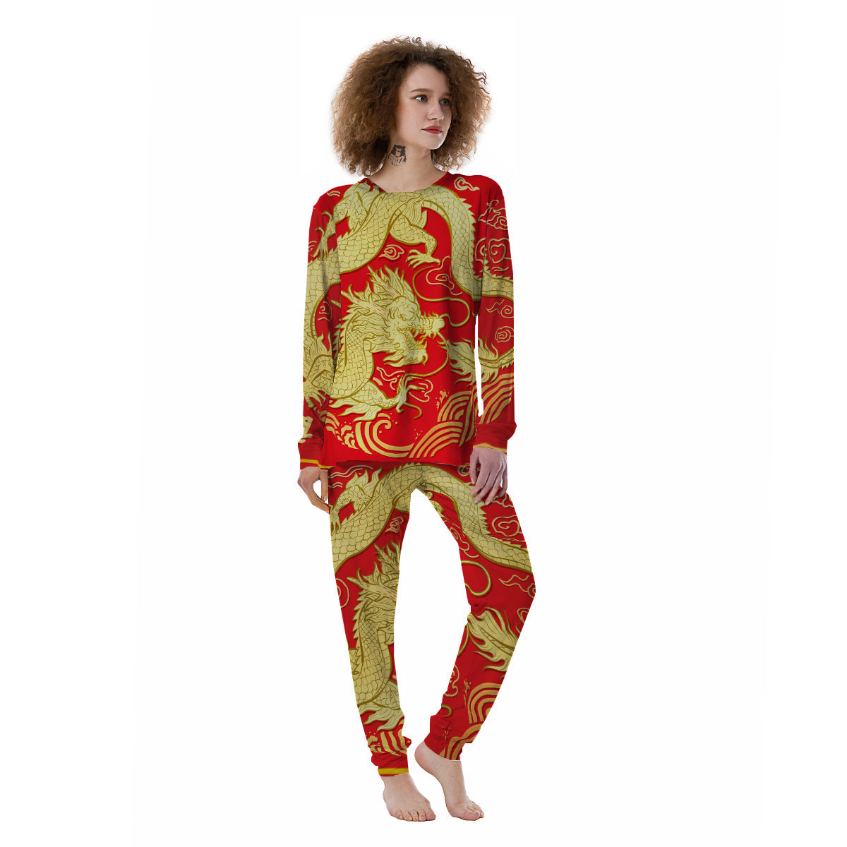 Zodiac Sign Chinese Dragon Print Women's Pajamas-grizzshop