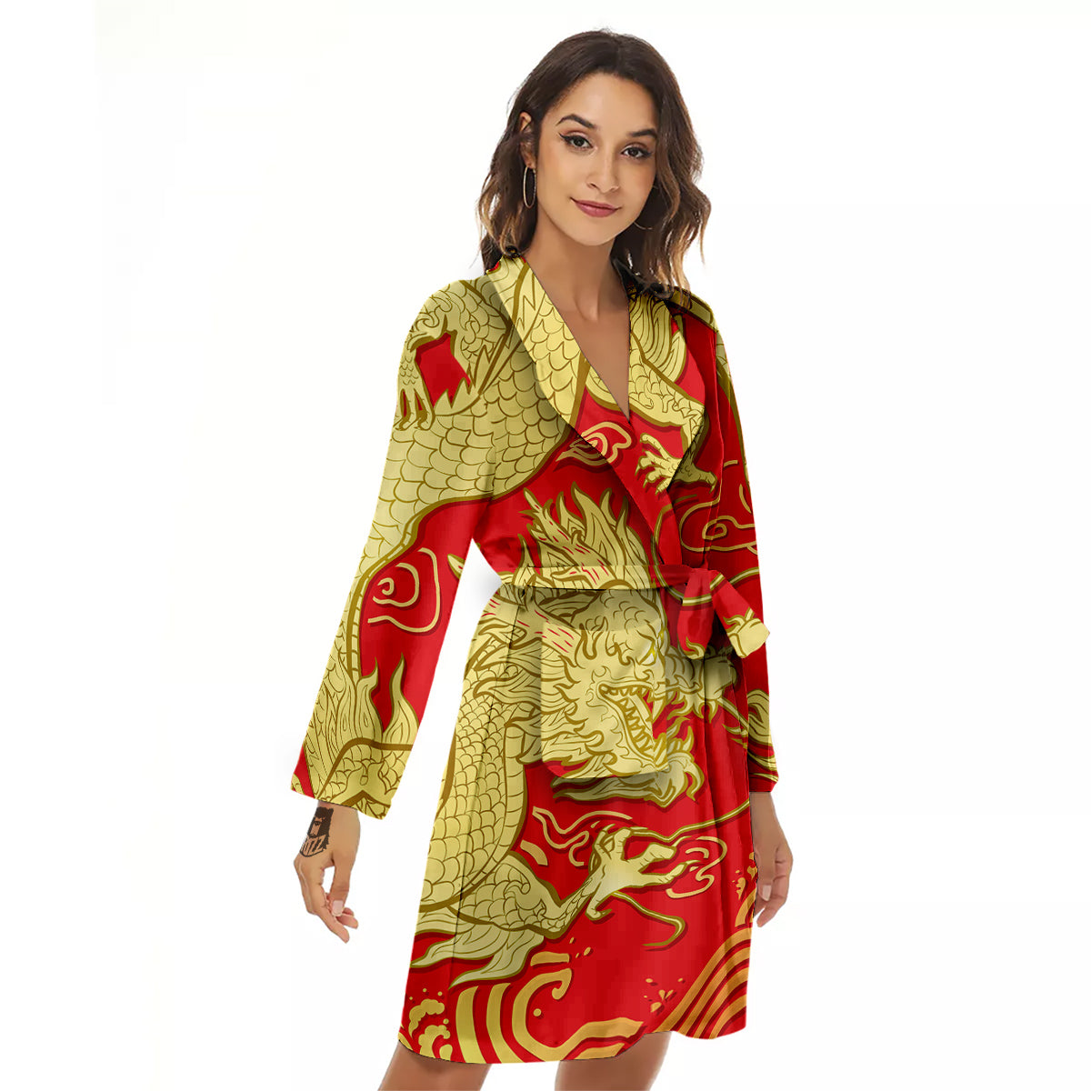 Zodiac Sign Chinese Dragon Print Women's Robe-grizzshop