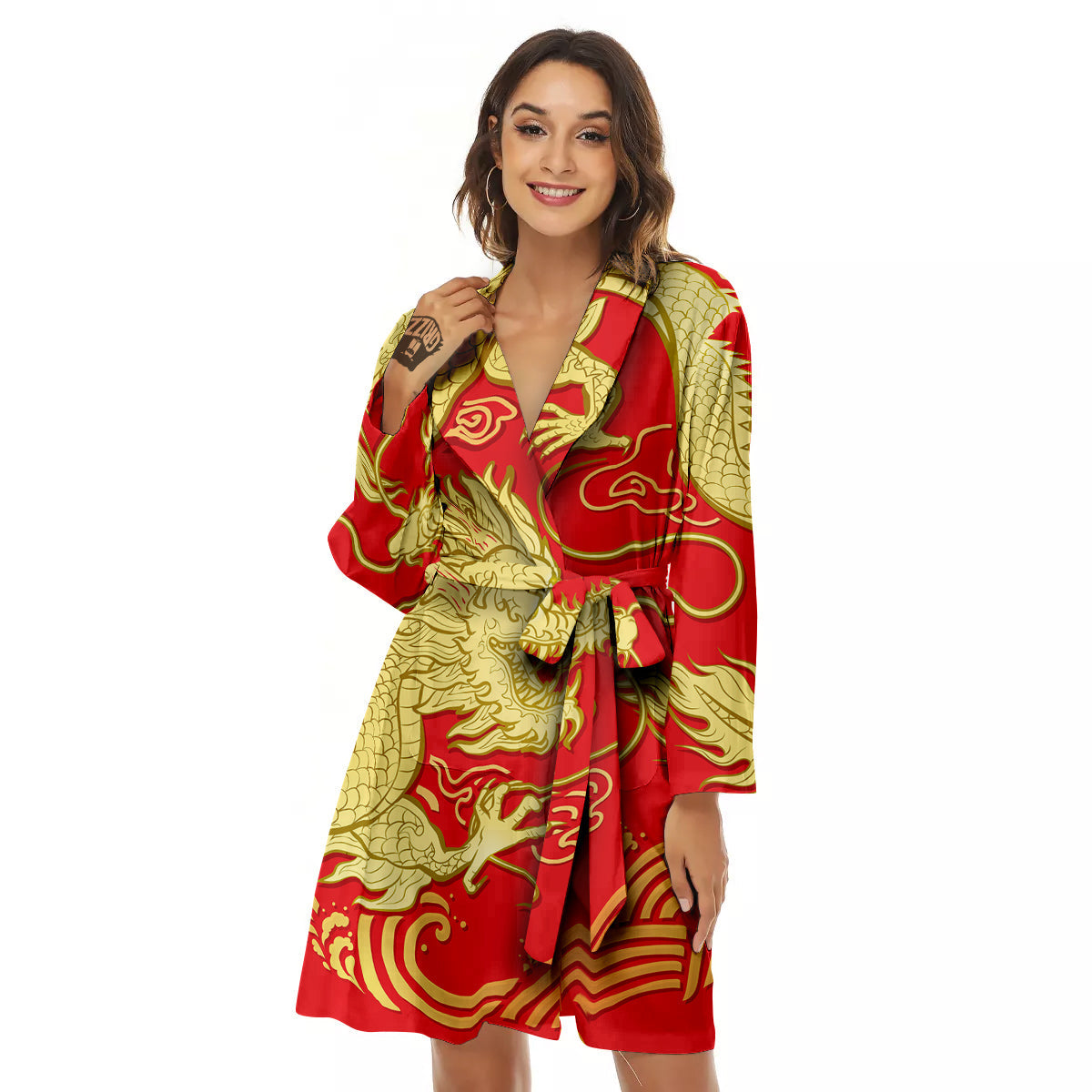 Zodiac Sign Chinese Dragon Print Women's Robe-grizzshop