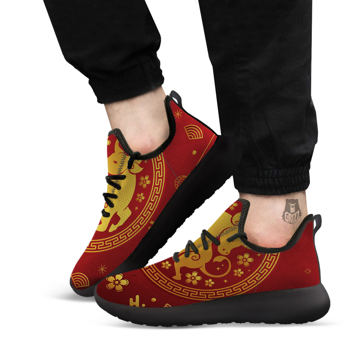 Zodiac Sign Chinese Ox Print Black Athletic Shoes-grizzshop