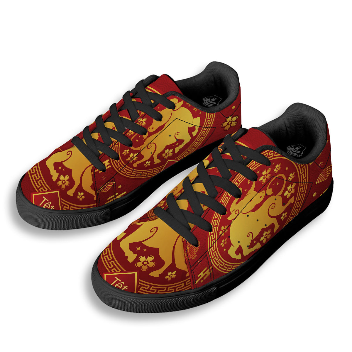 Zodiac Sign Chinese Ox Print Black Low Top Sneakers-grizzshop