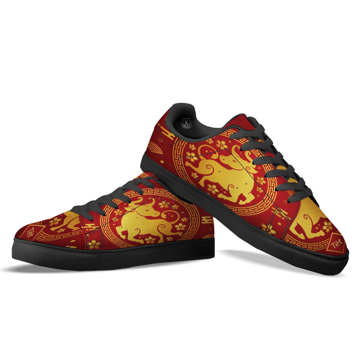 Zodiac Sign Chinese Ox Print Black Low Top Sneakers-grizzshop