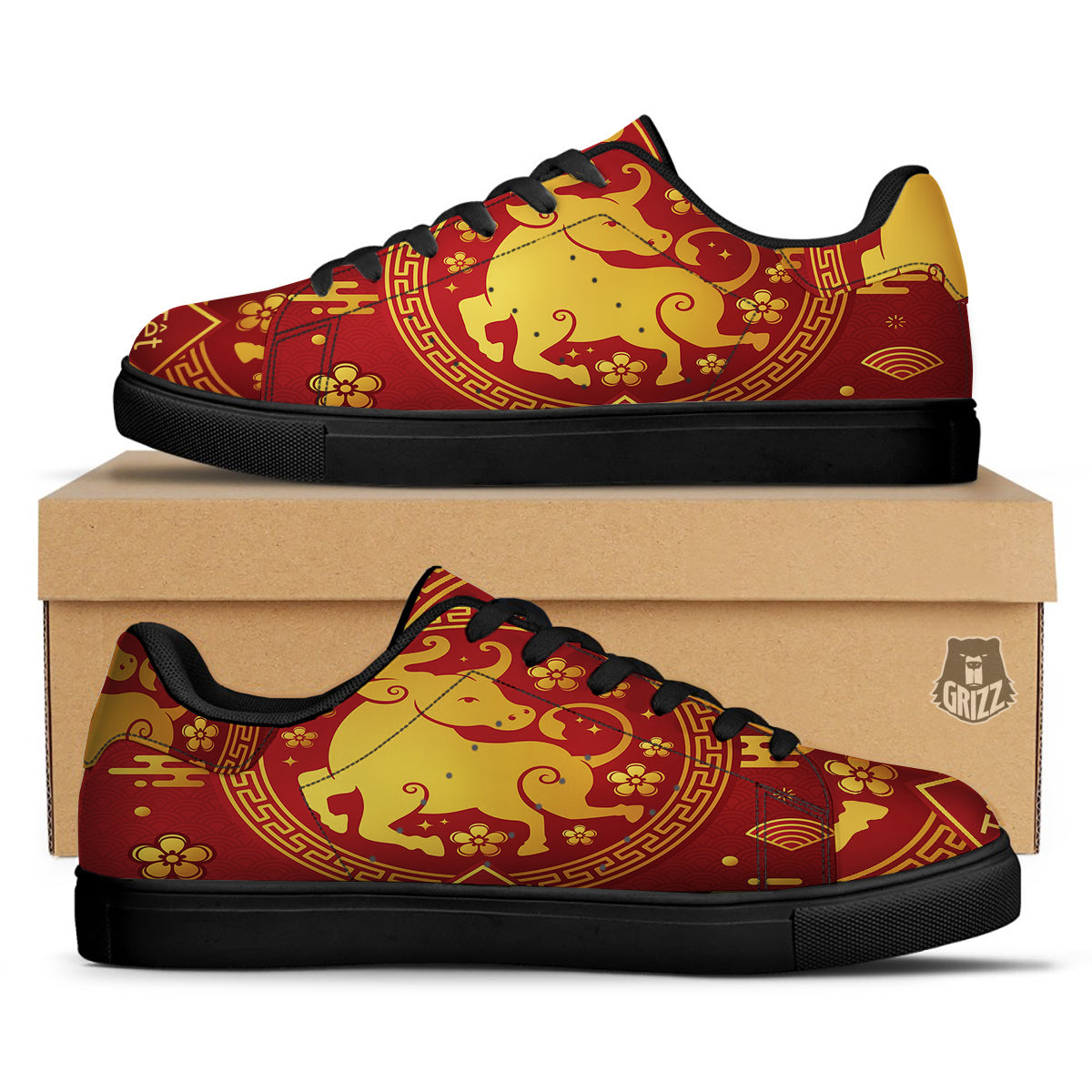 Zodiac Sign Chinese Ox Print Black Low Top Sneakers-grizzshop