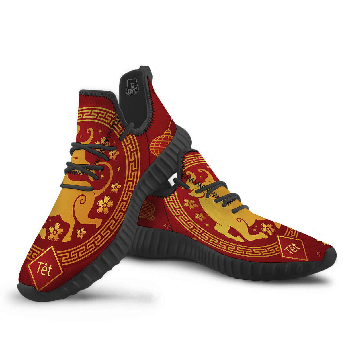 Zodiac Sign Chinese Ox Print Black Walking Shoes-grizzshop