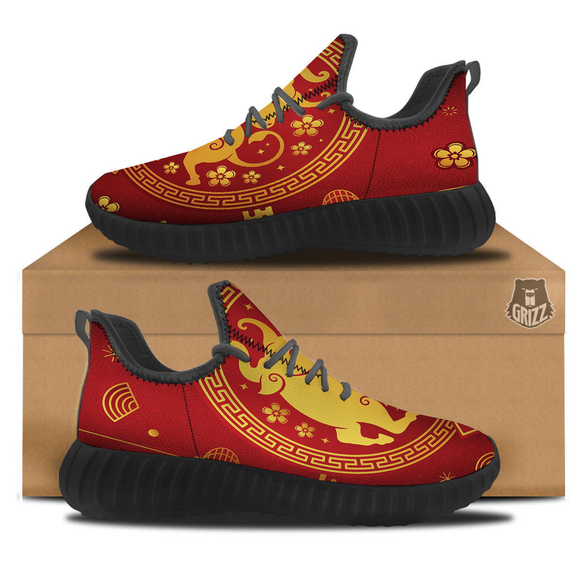 Zodiac Sign Chinese Ox Print Black Walking Shoes-grizzshop