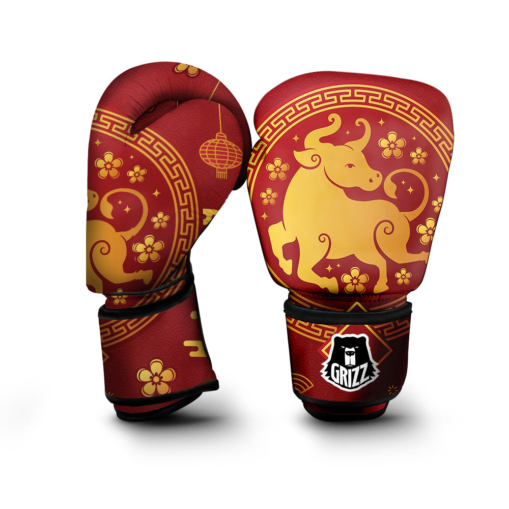 Zodiac Sign Chinese Ox Print Boxing Gloves-grizzshop