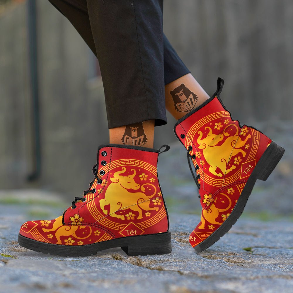Zodiac Sign Chinese Ox Print Leather Boots-grizzshop