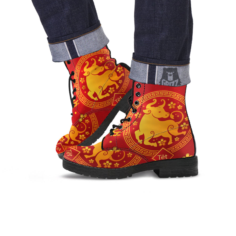 Zodiac Sign Chinese Ox Print Leather Boots-grizzshop