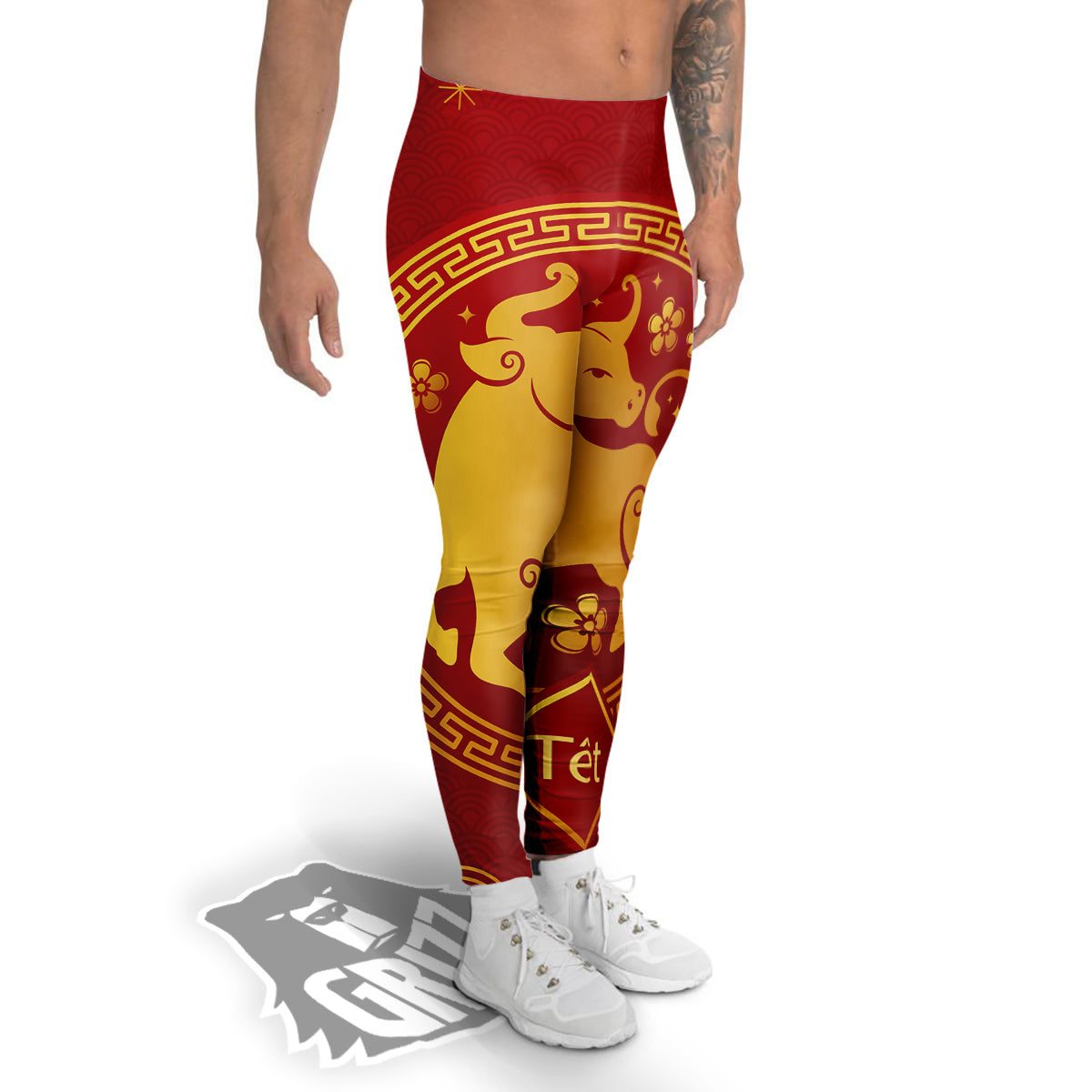 Zodiac Sign Chinese Ox Print Men's Leggings-grizzshop