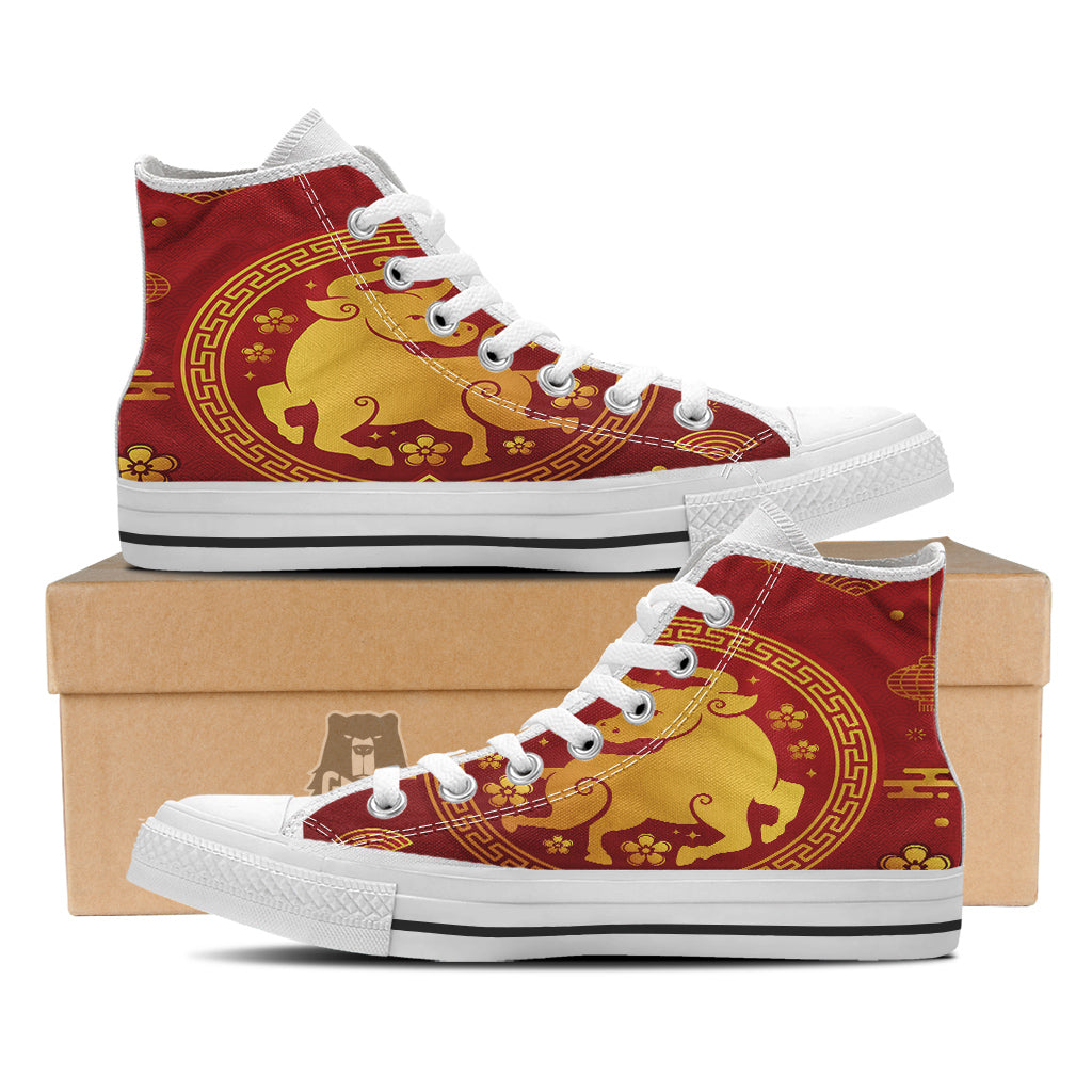 Zodiac Sign Chinese Ox Print White High Top Shoes-grizzshop