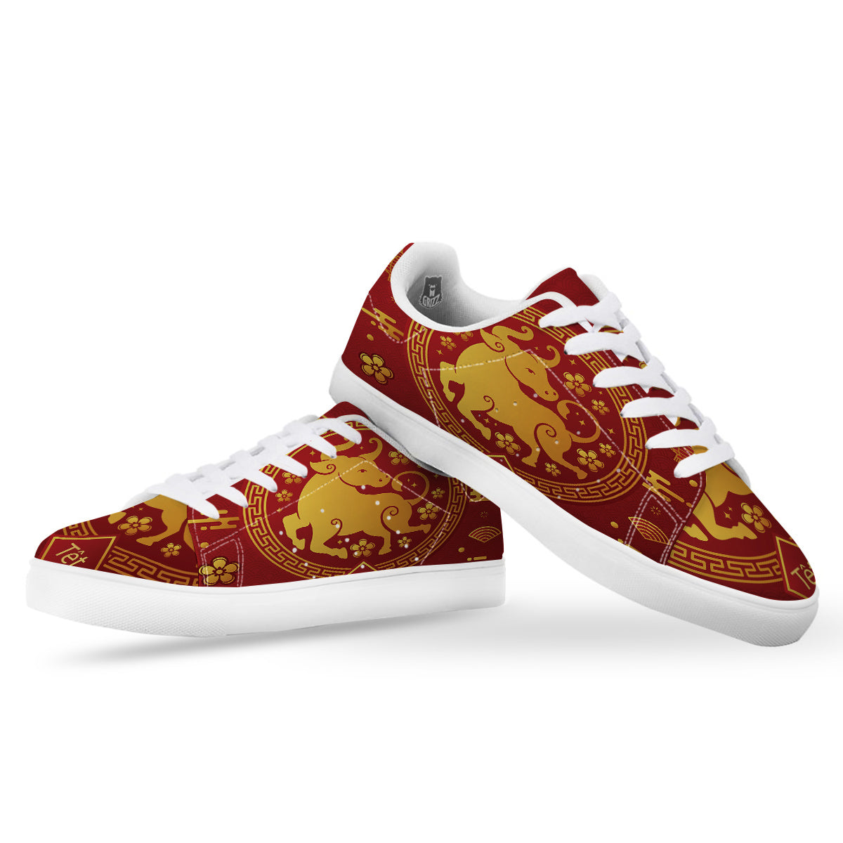 Zodiac Sign Chinese Ox Print White Low Top Sneakers-grizzshop