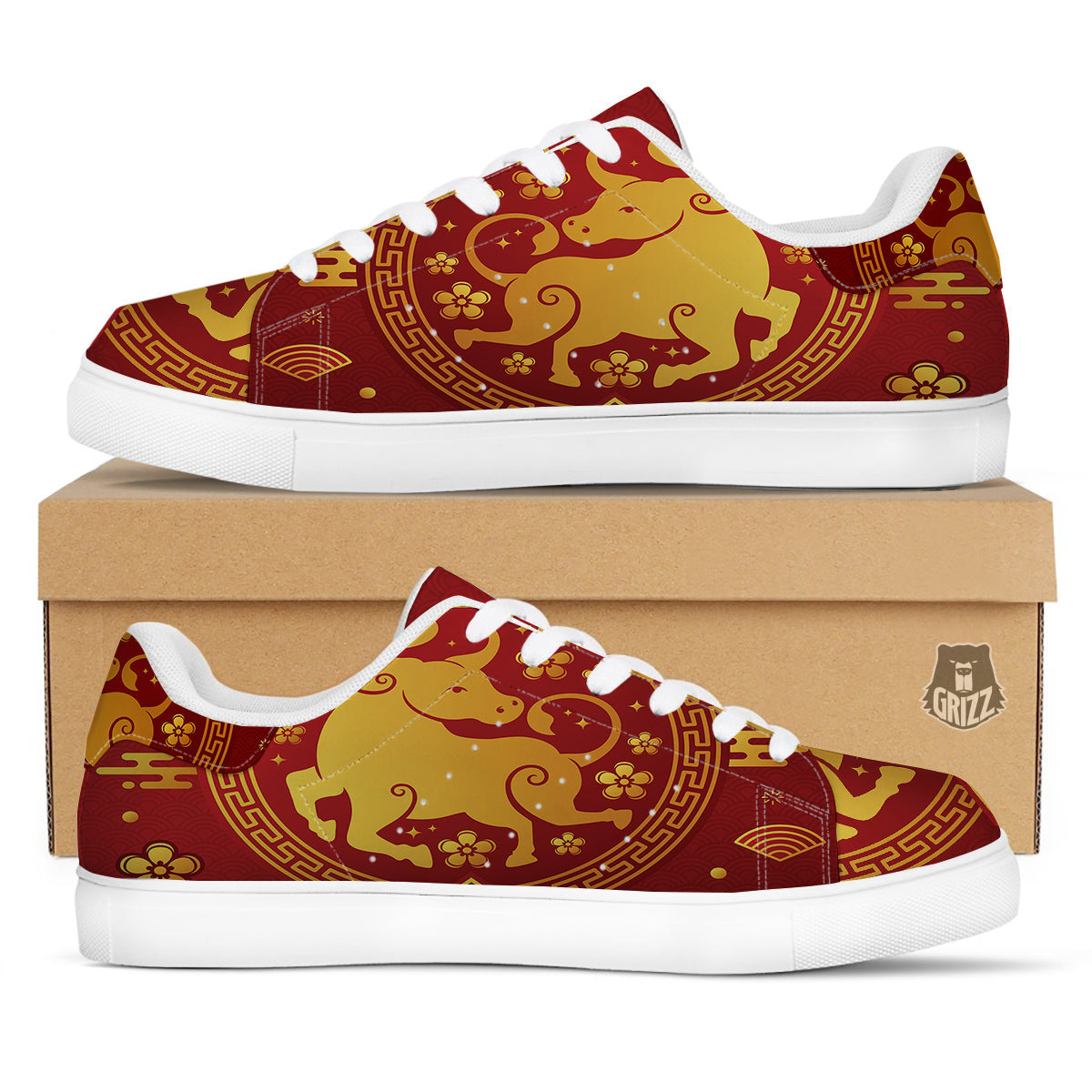 Zodiac Sign Chinese Ox Print White Low Top Sneakers-grizzshop