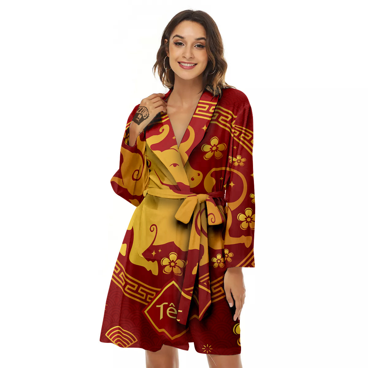 Zodiac Sign Chinese Ox Print Women's Robe-grizzshop