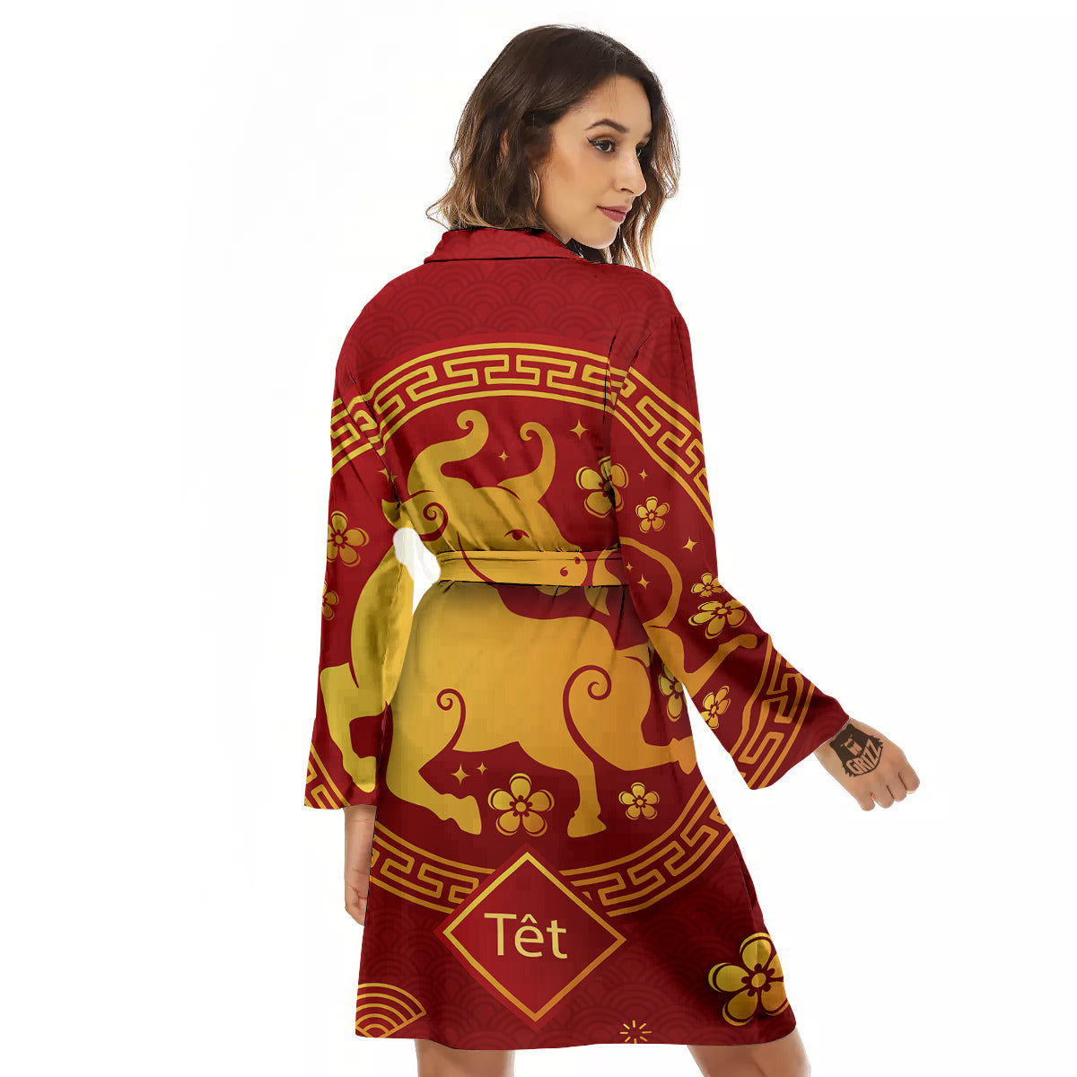 Zodiac Sign Chinese Ox Print Women's Robe-grizzshop