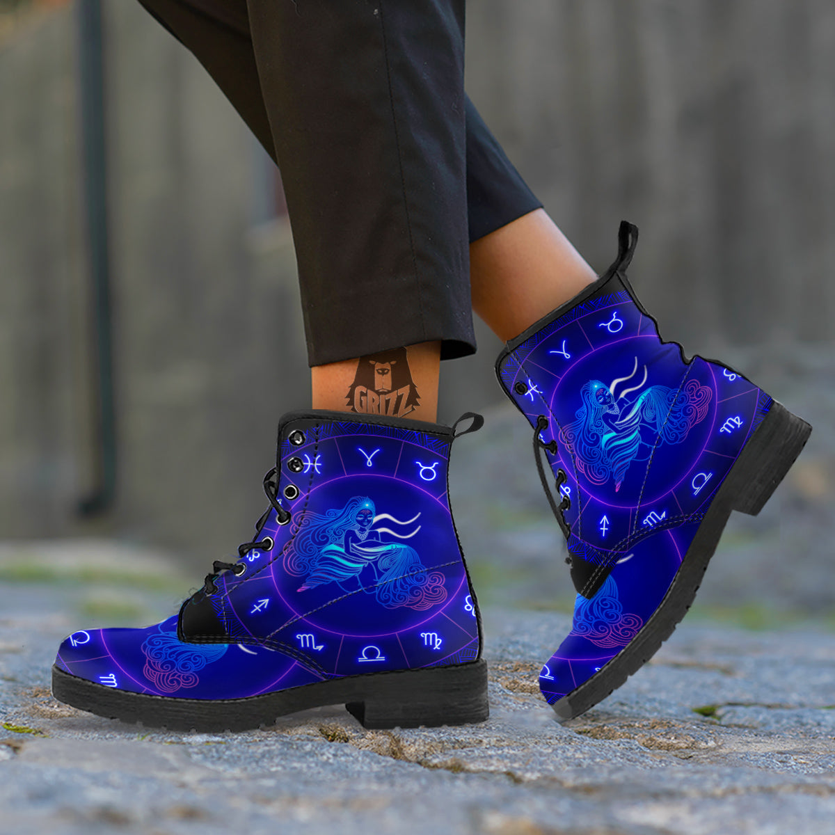 Zodiac Sign Dark Aquarius Print Leather Boots-grizzshop