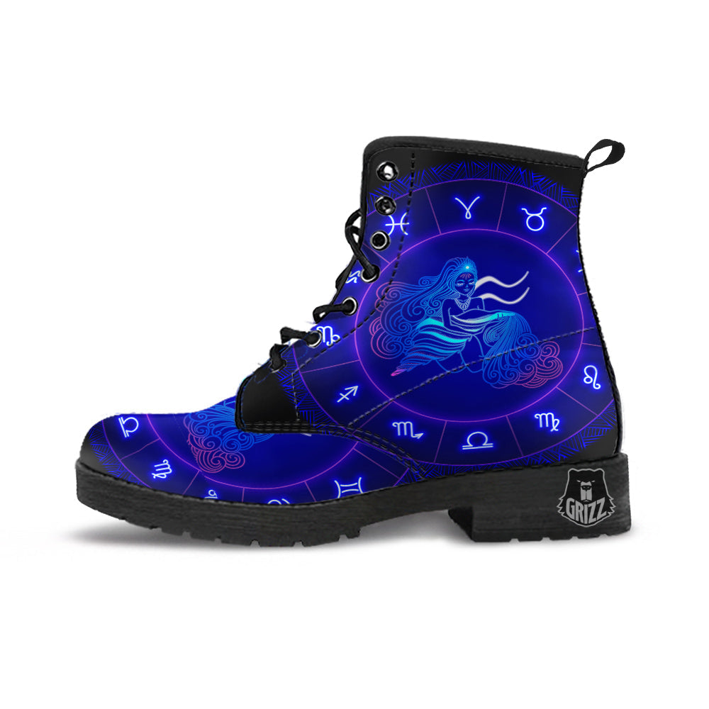 Zodiac Sign Dark Aquarius Print Leather Boots-grizzshop