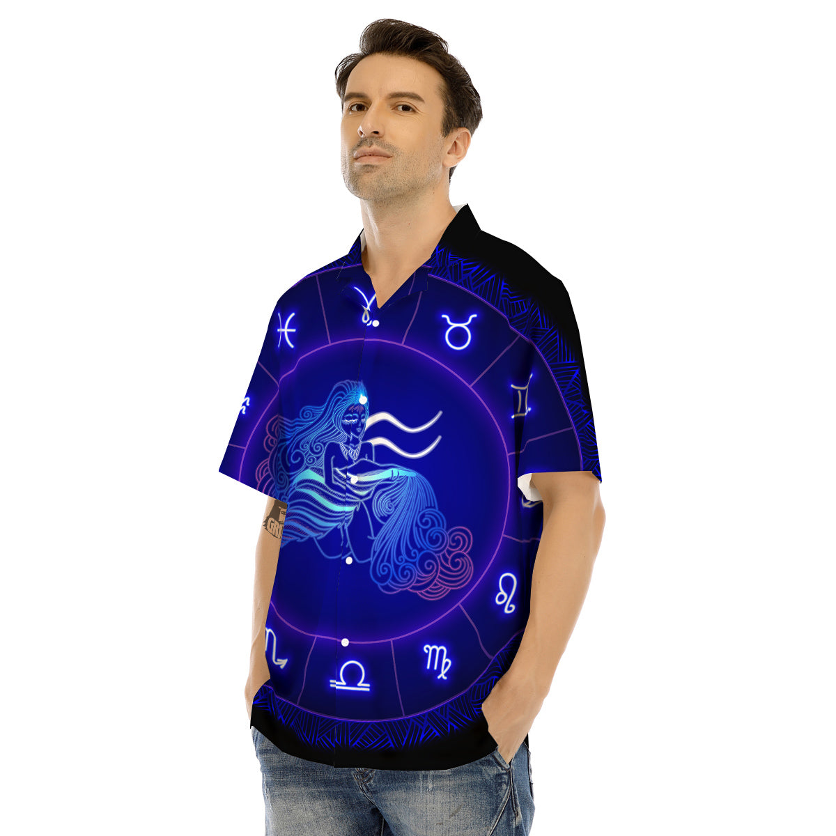 Zodiac Sign Dark Aquarius Print Men's Hawaiian Shirt-grizzshop