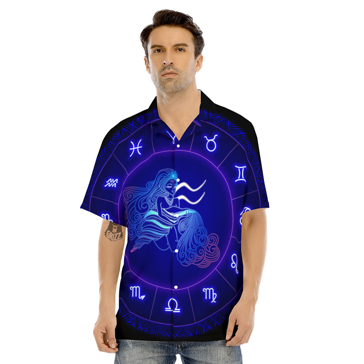 Zodiac Sign Dark Aquarius Print Men's Hawaiian Shirt-grizzshop